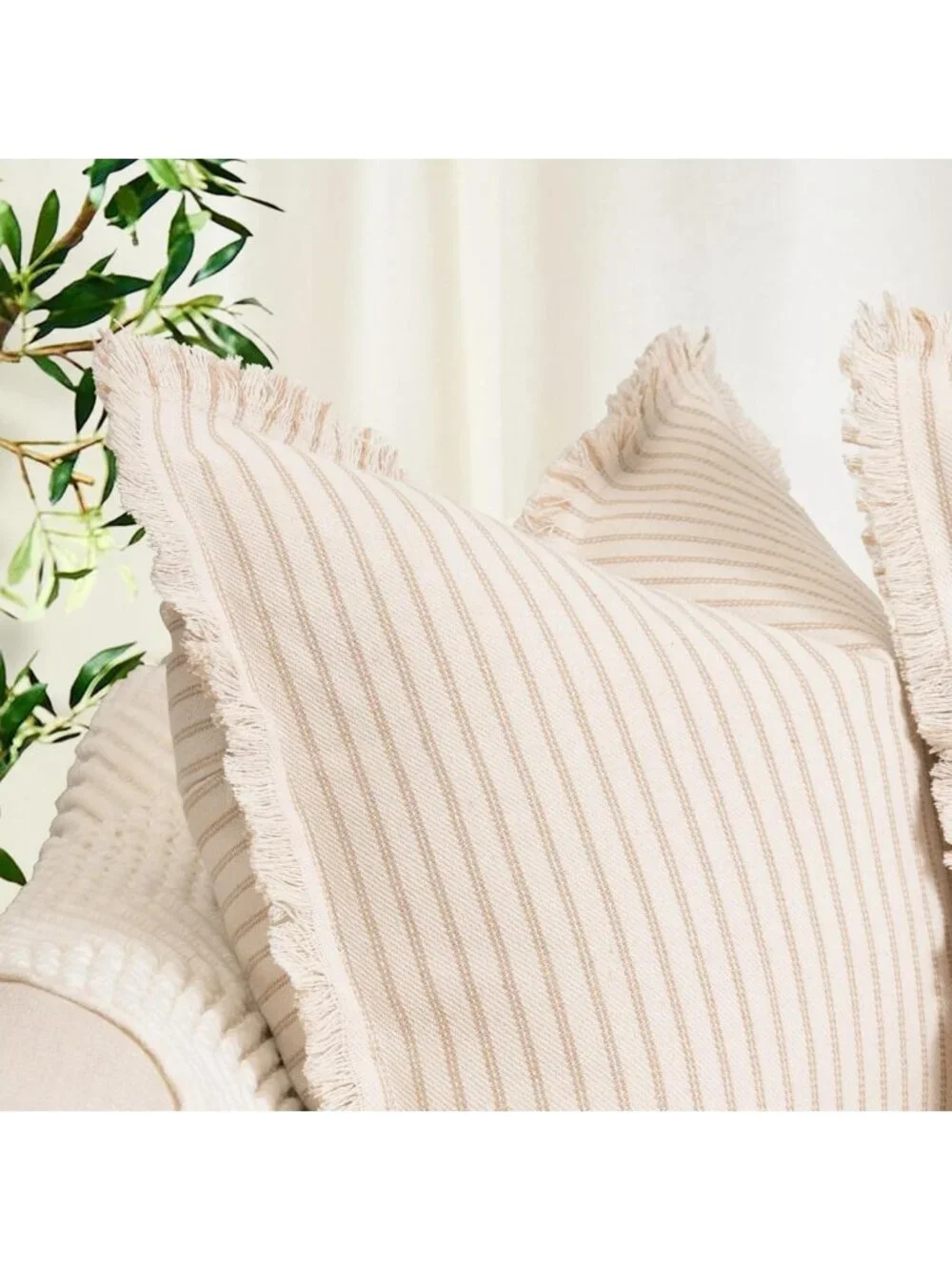 Chic Striped Throw Pillow Covers 24x24 Set of 2 with Fringe for Sofa & Bed Decor